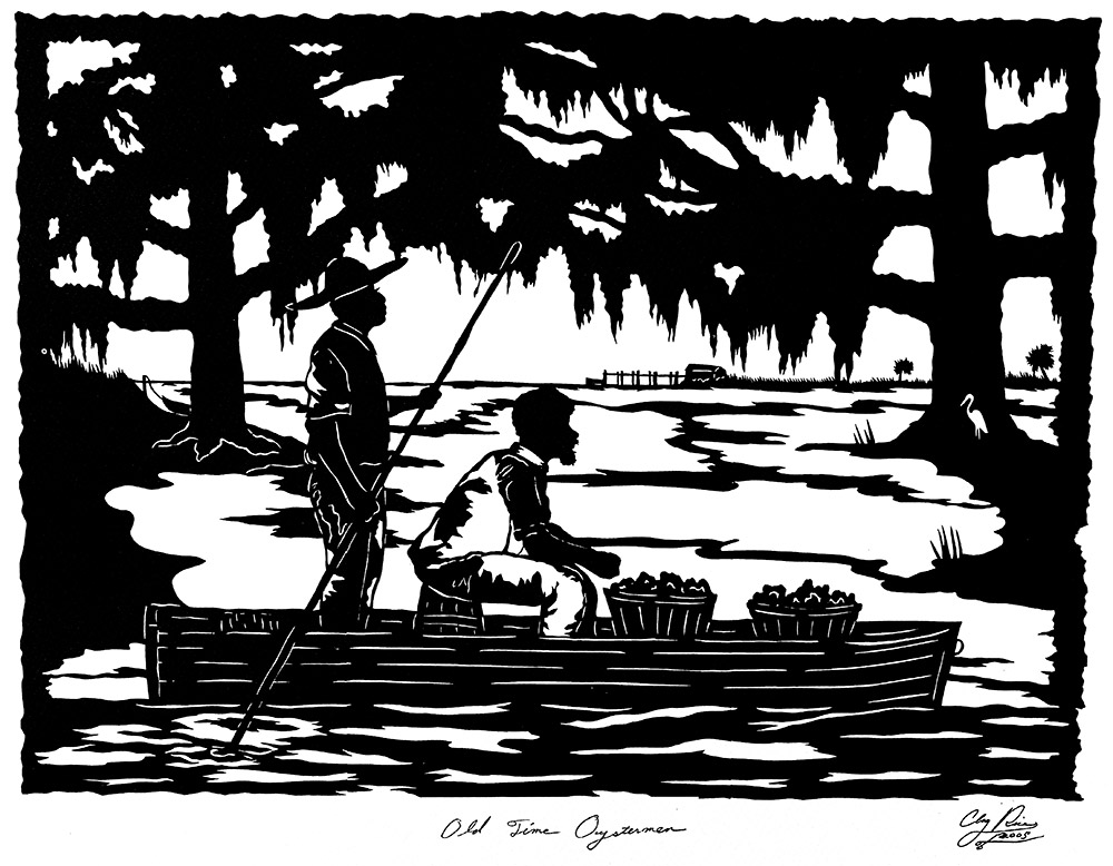 clay rice's art piece "old time oystermen" - it shows a scene of the silhouette of two men riding a row boat with buckets of clams